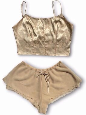vintage 90s victoria’s secret champagne gold cami and sheer shorts pajama set